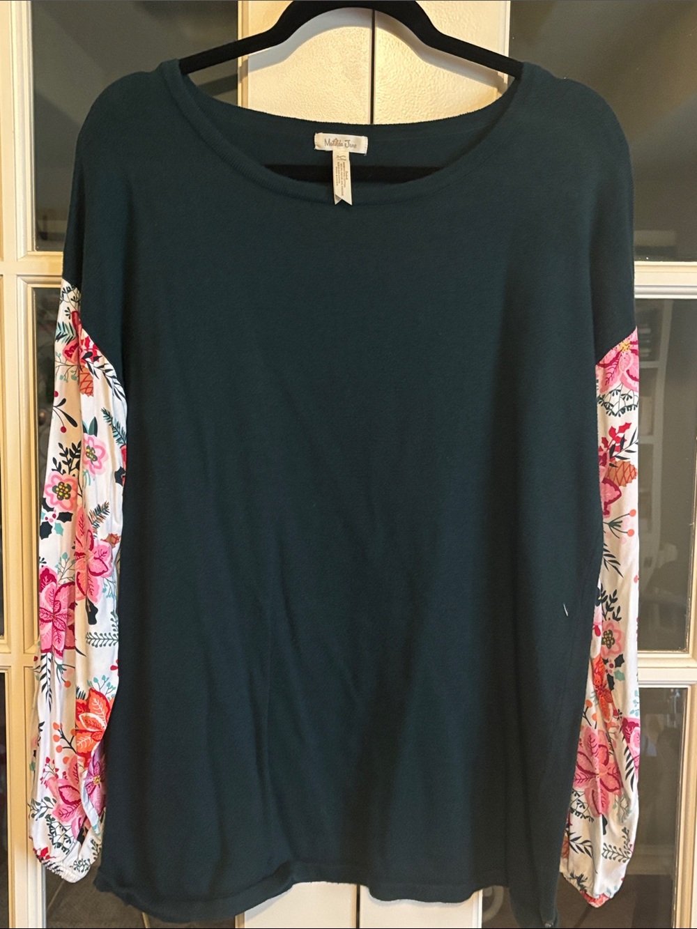 Matilda Jane Teal sweater with Floral Pink Accent Sleeves